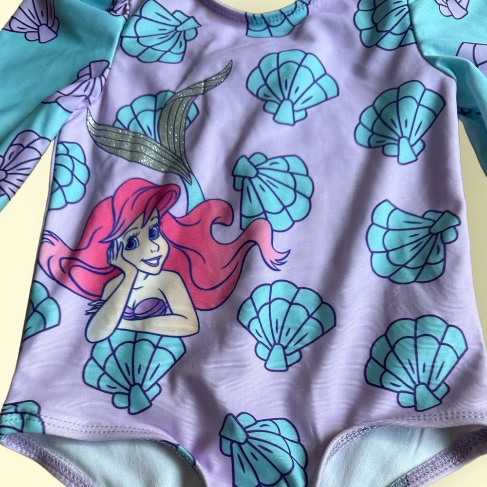 NWT Disney Baby Little Mermaid Long Sleeve One Piece Swimsuit Back Bow Size 18 M